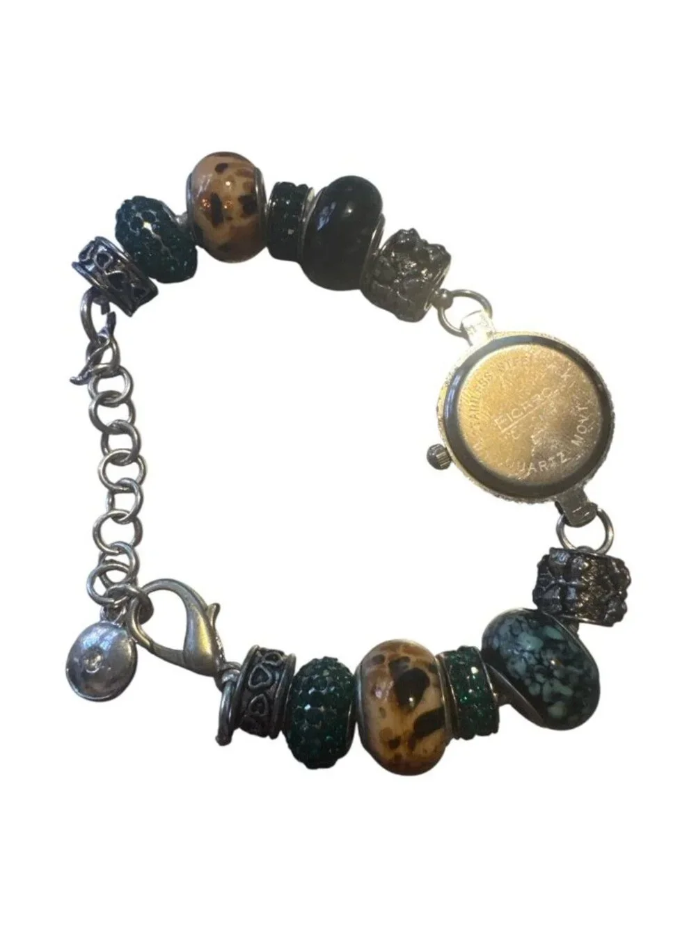 Beaded Wristwatch Bracelet With Quartz Movement & Adjustable Chain - Green Brown